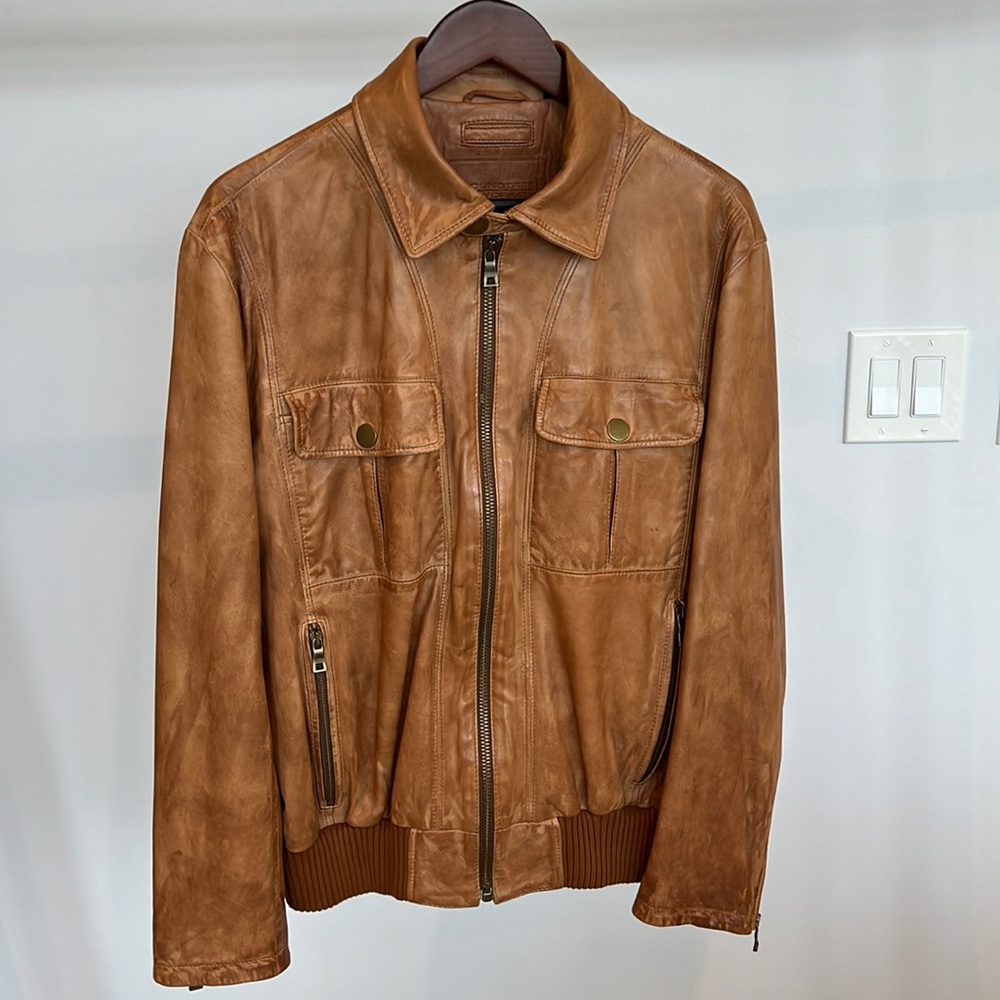 Lambskin Leather Bomber Jacket Men’s Brown Size Medium